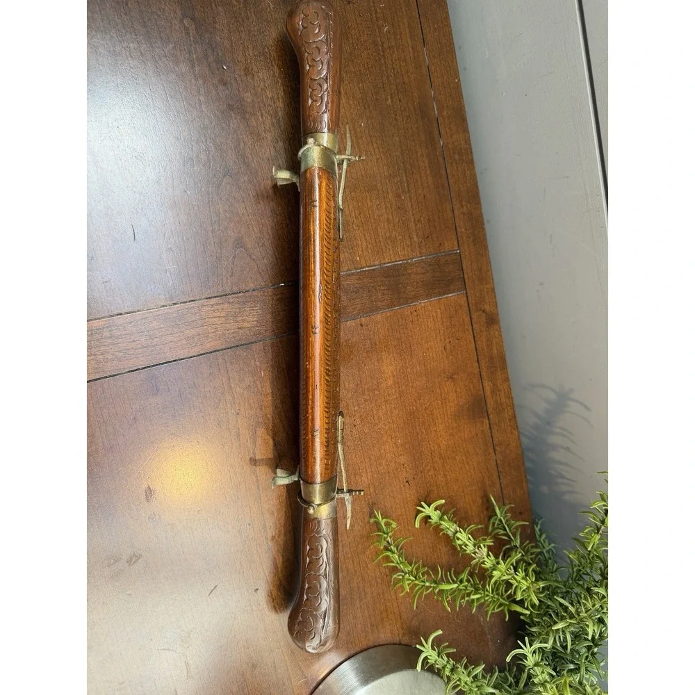 Vtg East India Knife & Fork Carving Set Brass Accents Carved Wood Handles